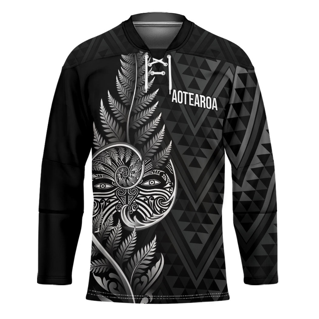 New Zealand Ta Moko Silver Fern Hockey Jersey Taniko Taniwha Motifs LT7 Unisex Black - Polynesian Pride