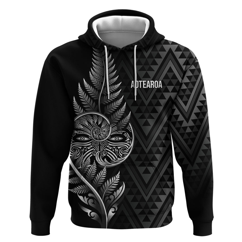 New Zealand Ta Moko Silver Fern Hoodie Taniko Taniwha Motifs LT7 Pullover Hoodie Black - Polynesian Pride