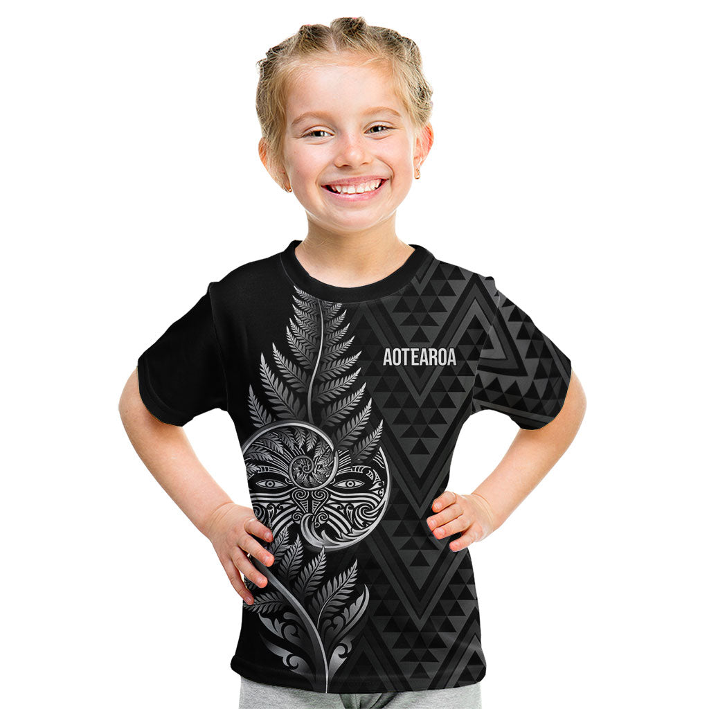 New Zealand Ta Moko Silver Fern Kid T Shirt Taniko Taniwha Motifs LT7 Black - Polynesian Pride