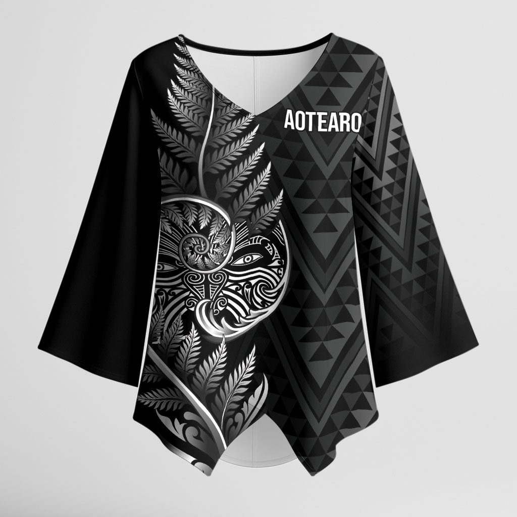New Zealand Ta Moko Silver Fern Kimono Sleeve Blouse Taniko Taniwha Motifs LT7 Female Black - Polynesian Pride