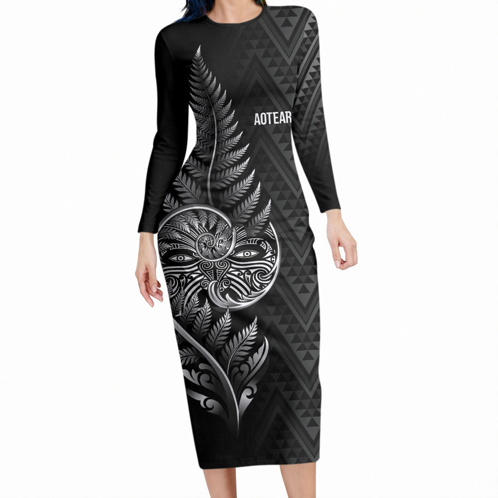 New Zealand Ta Moko Silver Fern Long Sleeve Bodycon Dress Taniko Taniwha Motifs LT7 Long Dress Black - Polynesian Pride