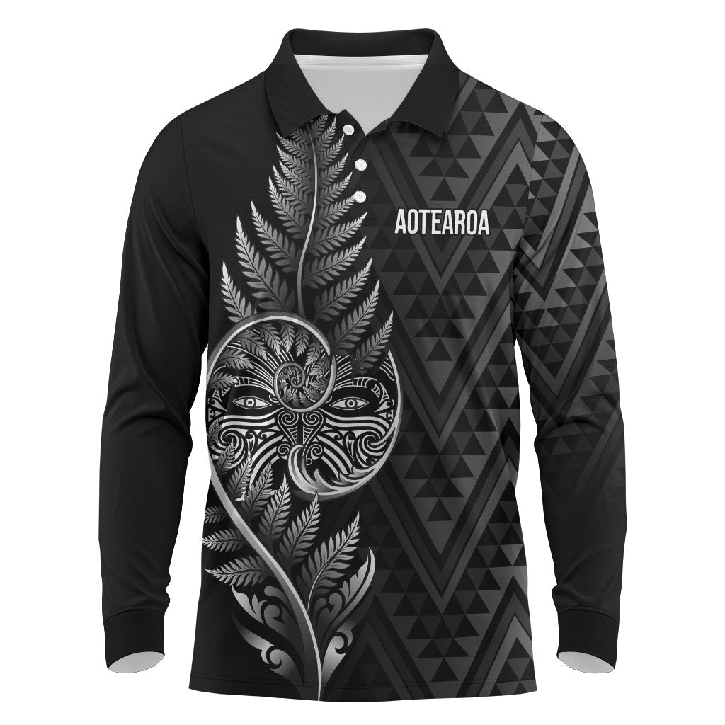 New Zealand Ta Moko Silver Fern Long Sleeve Polo Shirt Taniko Taniwha Motifs LT7 Black - Polynesian Pride