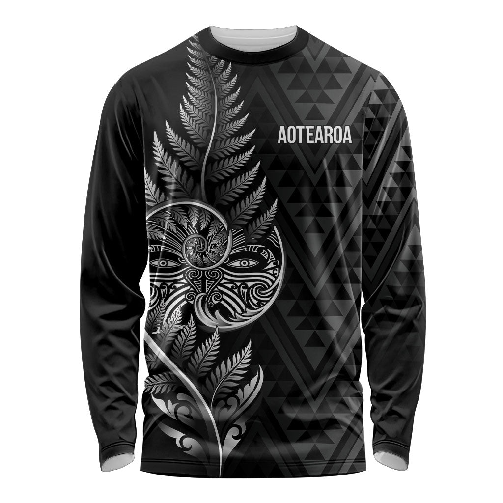 New Zealand Ta Moko Silver Fern Long Sleeve Shirt Taniko Taniwha Motifs LT7 Unisex Black - Polynesian Pride