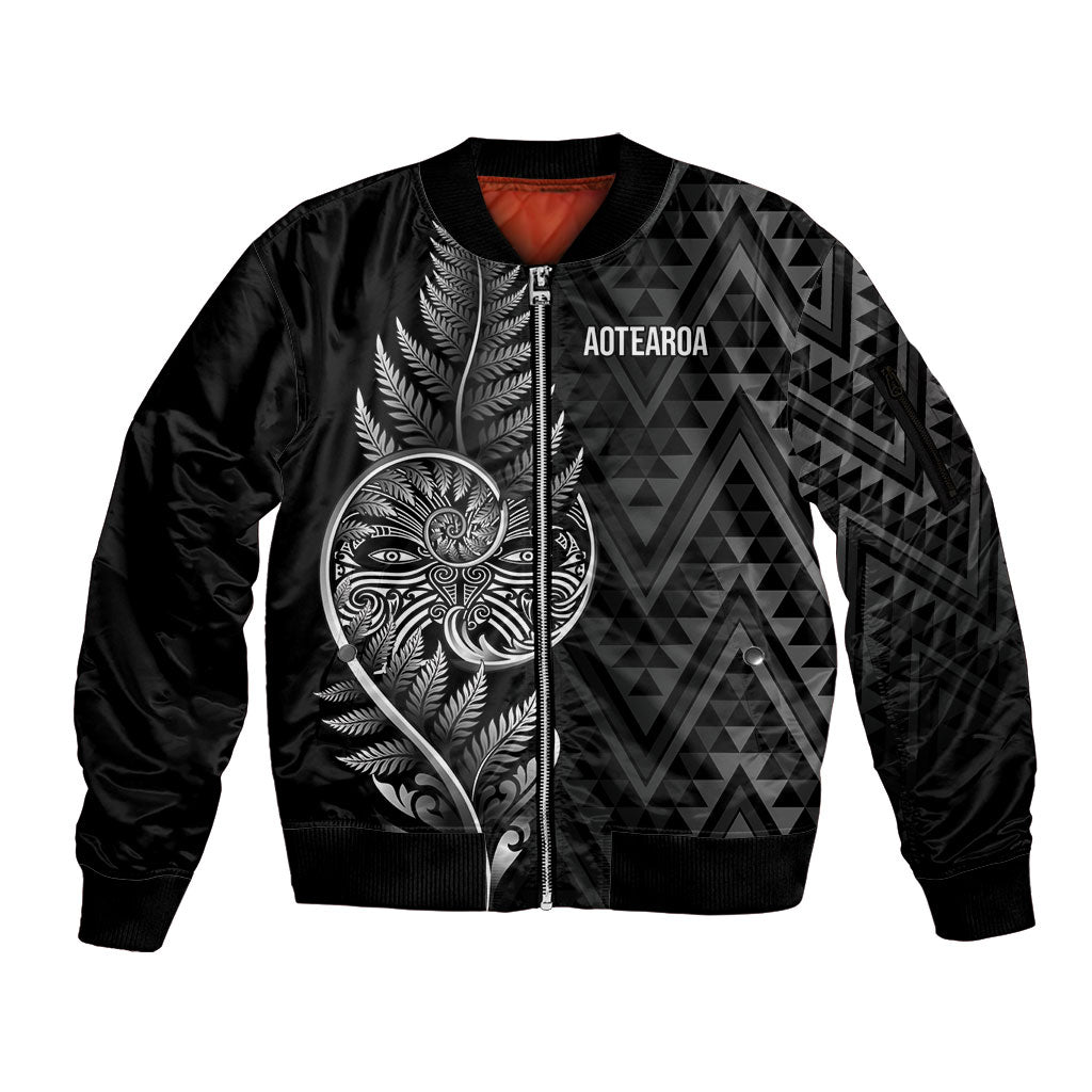 New Zealand Ta Moko Silver Fern Sleeve Zip Bomber Jacket Taniko Taniwha Motifs LT7 Unisex Black - Polynesian Pride