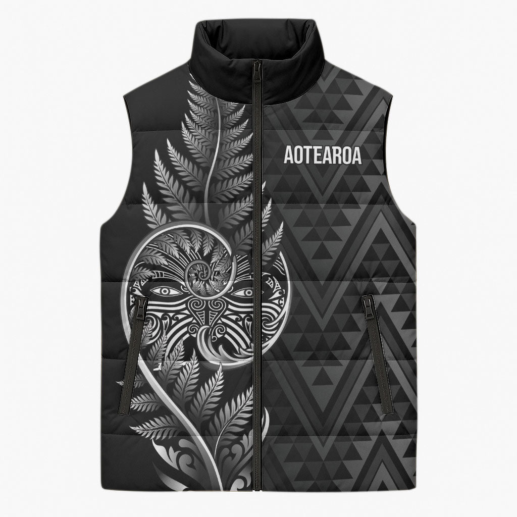 New Zealand Ta Moko Silver Fern Sleeveless Puffer Jacket Taniko Taniwha Motifs LT7 Unisex Black - Polynesian Pride