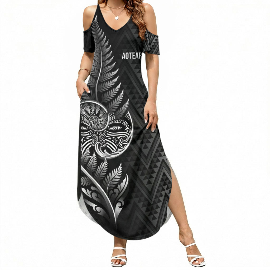 New Zealand Ta Moko Silver Fern Summer Maxi Dress Taniko Taniwha Motifs LT7 Women Black - Polynesian Pride