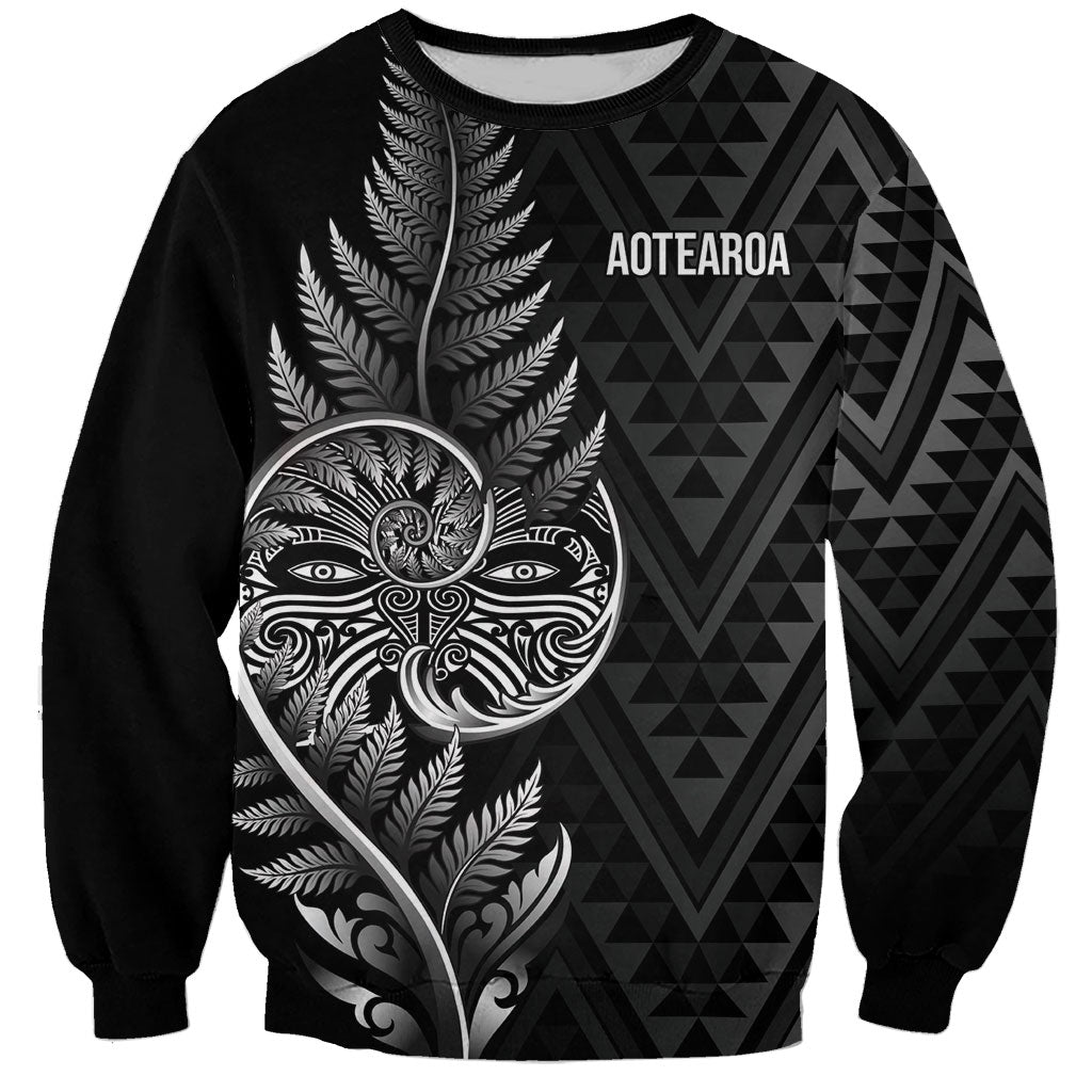 New Zealand Ta Moko Silver Fern Sweatshirt Taniko Taniwha Motifs LT7 Unisex Black - Polynesian Pride