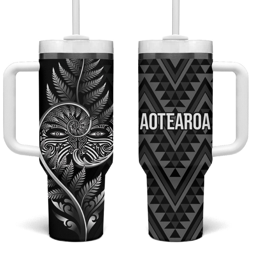 New Zealand Ta Moko Silver Fern Tumbler With Handle Taniko Taniwha Motifs LT7 One Size: 40 oz Black - Polynesian Pride