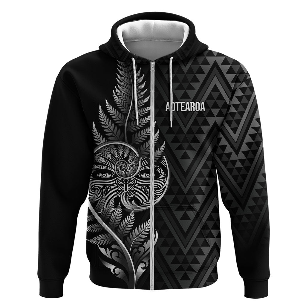 New Zealand Ta Moko Silver Fern Zip Hoodie Taniko Taniwha Motifs LT7 Zip Hoodie Black - Polynesian Pride