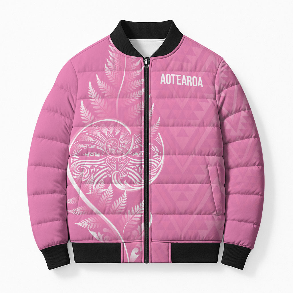 New Zealand Ta Moko Silver Fern Pink Bomber Puffer Jacket Taniko Taniwha Motifs LT7 Unisex Pink - Polynesian Pride
