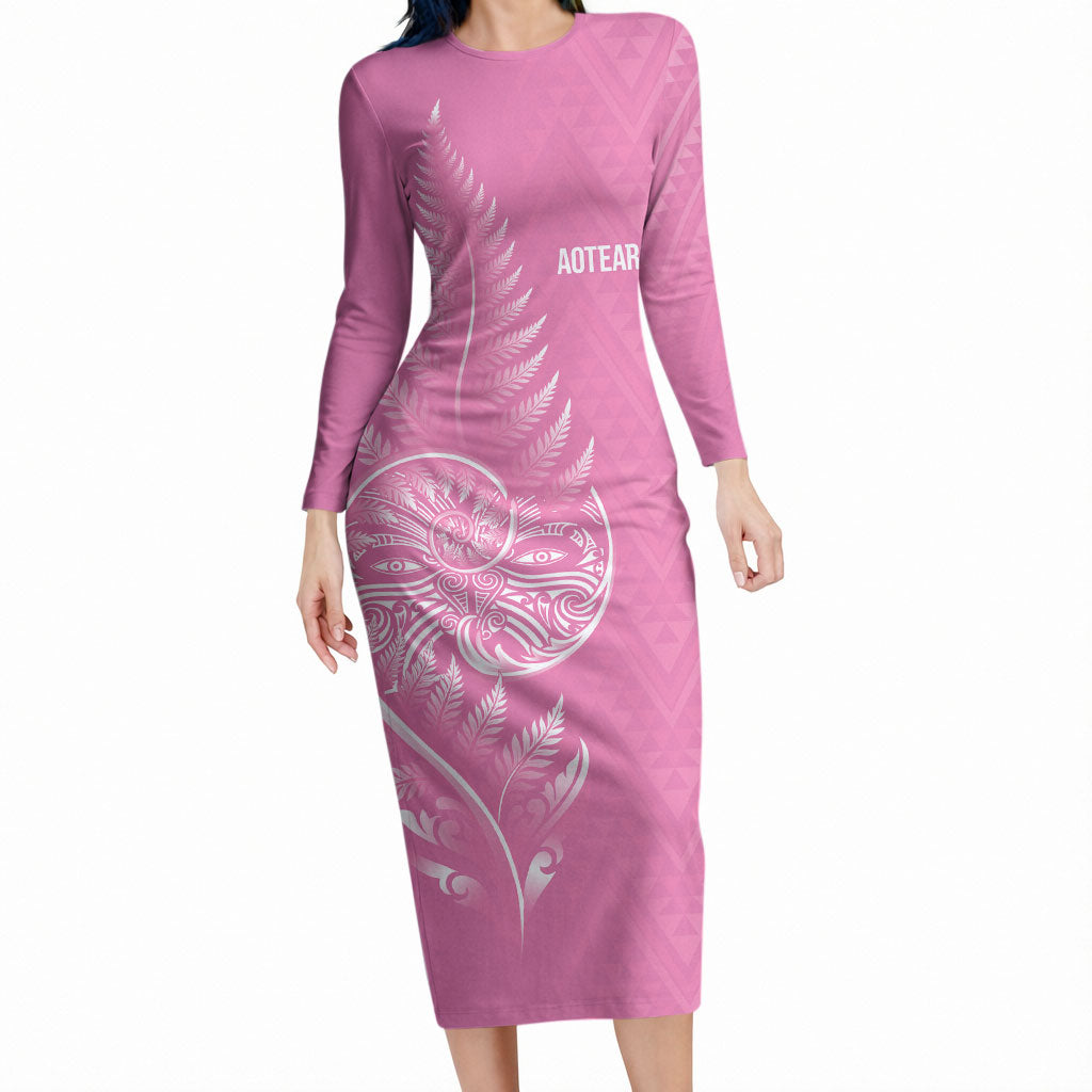 New Zealand Ta Moko Silver Fern Pink Long Sleeve Bodycon Dress Taniko Taniwha Motifs LT7 Long Dress Pink - Polynesian Pride