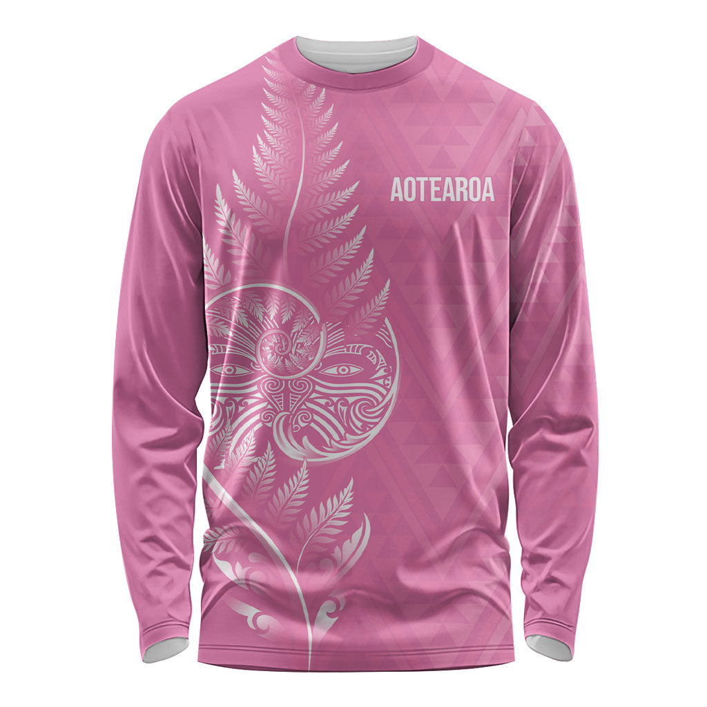 New Zealand Ta Moko Silver Fern Pink Long Sleeve Shirt Taniko Taniwha Motifs LT7 Unisex Pink - Polynesian Pride