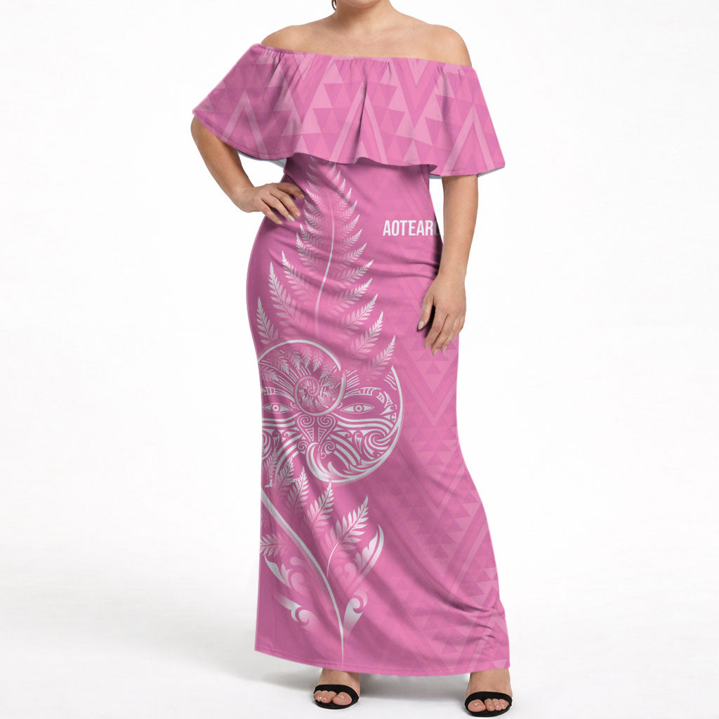 New Zealand Ta Moko Silver Fern Pink Off Shoulder Maxi Dress Taniko Taniwha Motifs LT7 Women Pink - Polynesian Pride