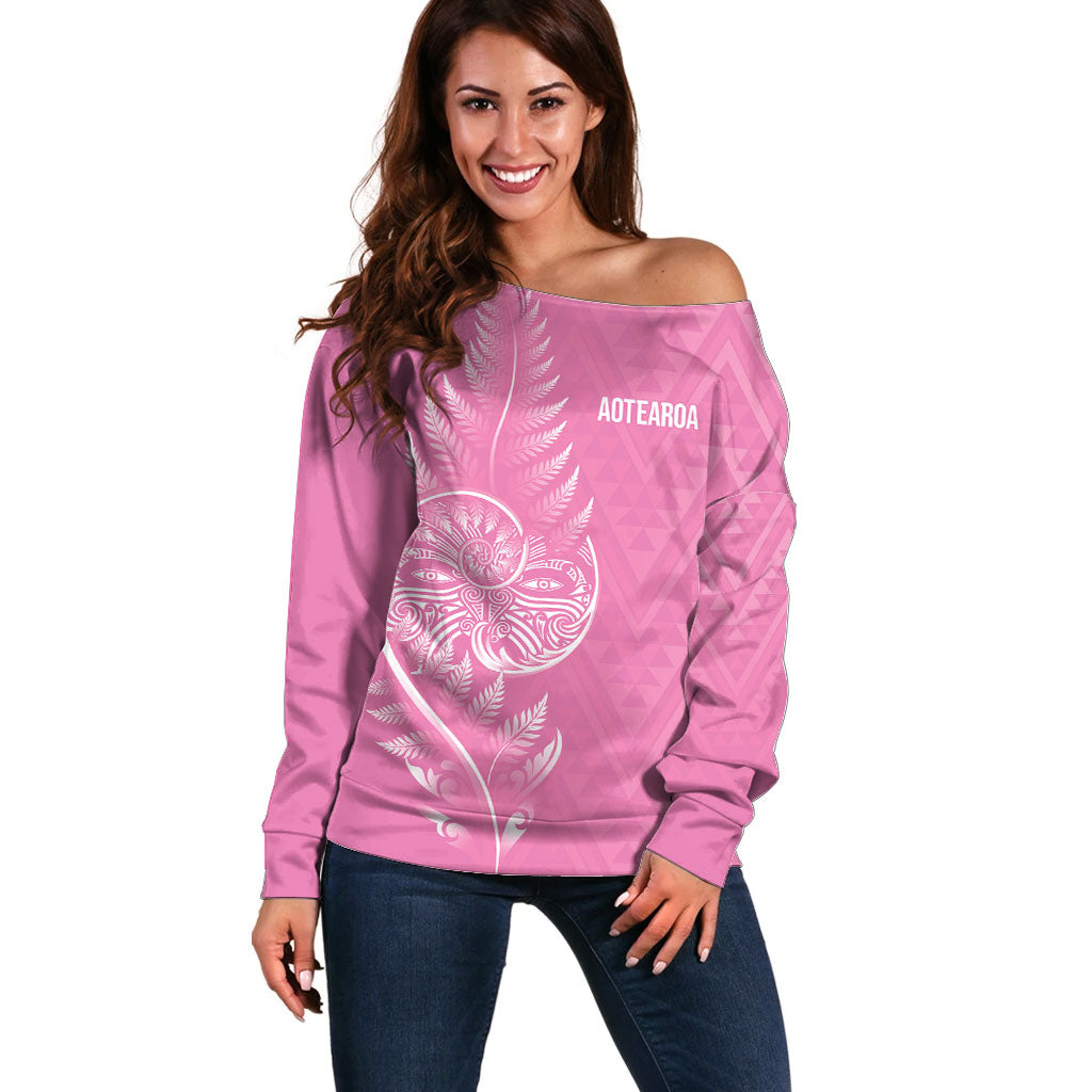 New Zealand Ta Moko Silver Fern Pink Off Shoulder Sweater Taniko Taniwha Motifs LT7 Women Pink - Polynesian Pride
