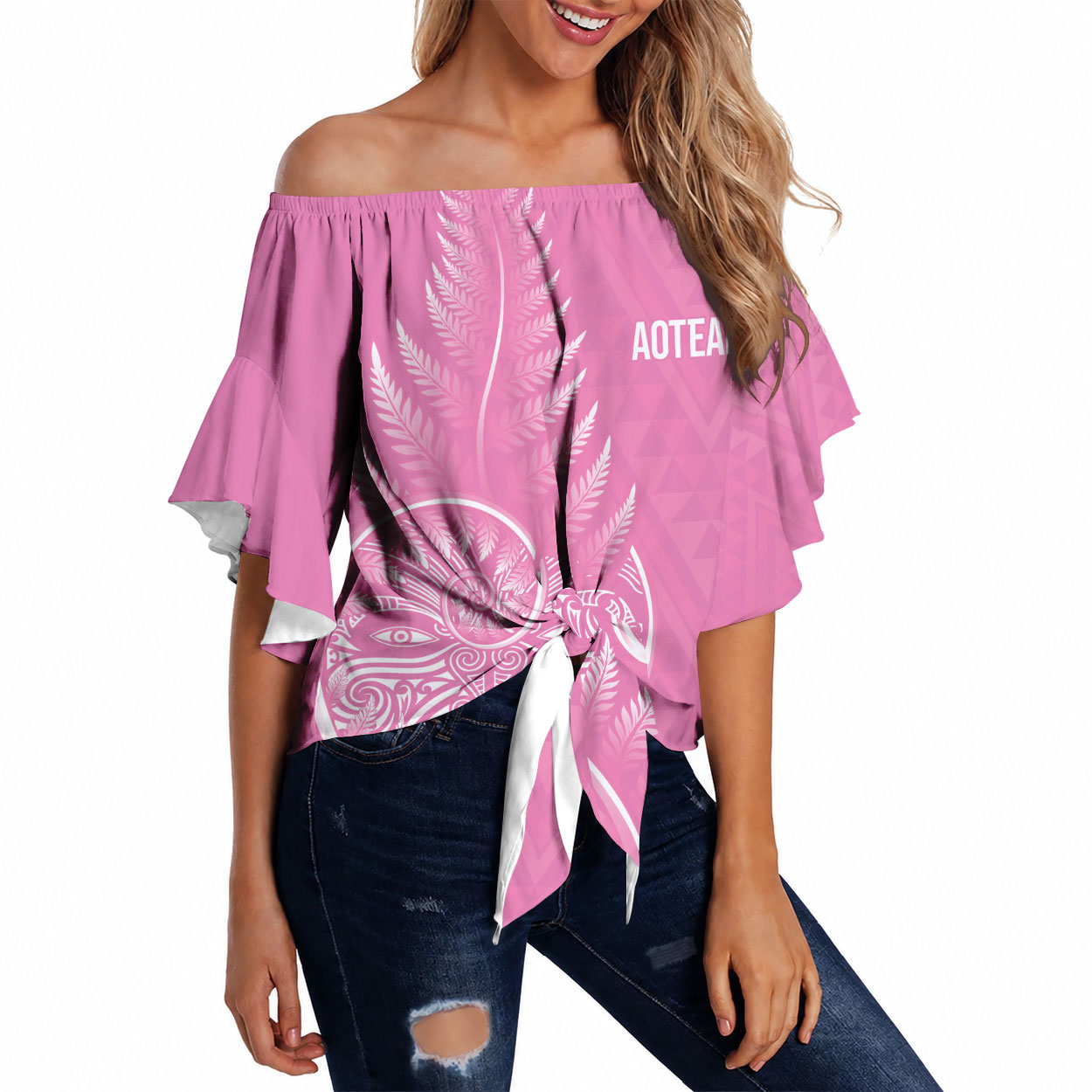 New Zealand Ta Moko Silver Fern Pink Off Shoulder Wrap Waist Top Taniko Taniwha Motifs LT7 Pink - Polynesian Pride