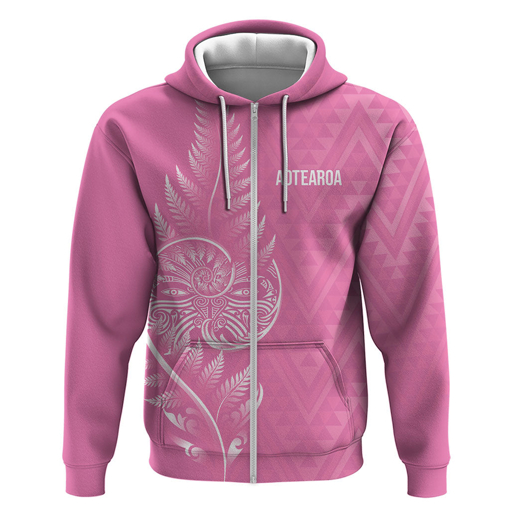 New Zealand Ta Moko Silver Fern Pink Zip Hoodie Taniko Taniwha Motifs