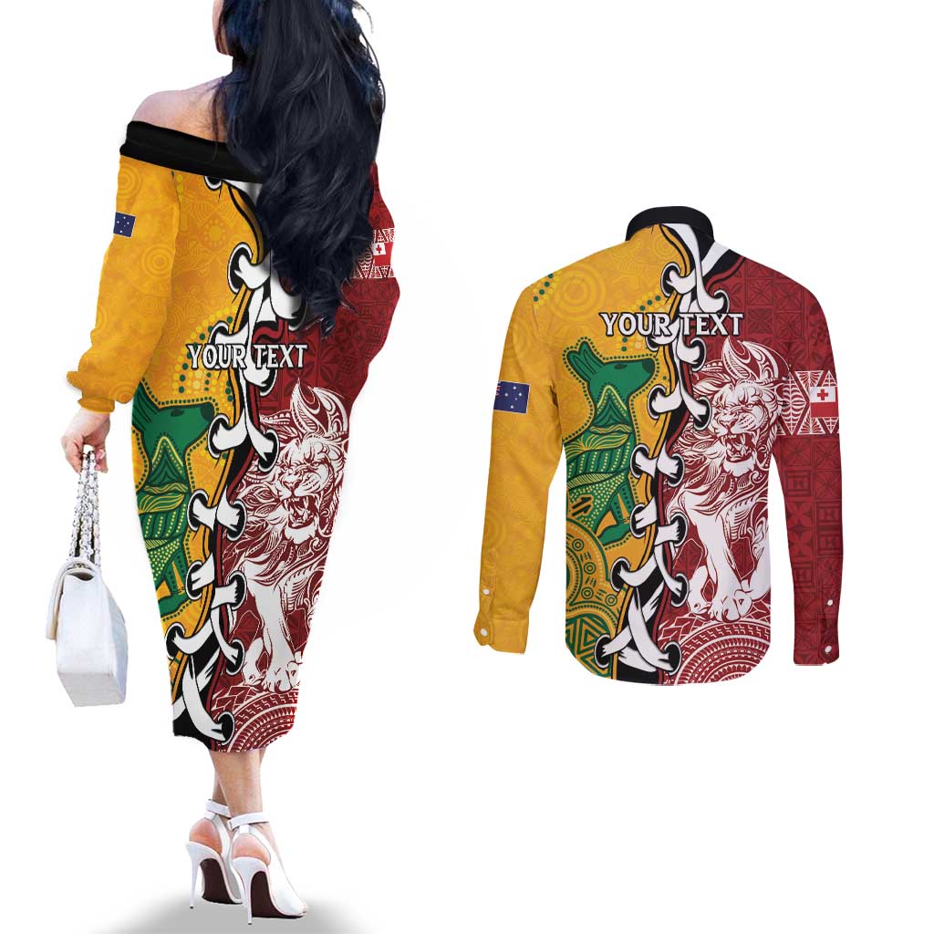 Mate Ma'a Tonga Vs Australia Rugby Personalized Couples Matching Off The Shoulder Long Sleeve Dress and Long Sleeve Button Shirt Special Mascots