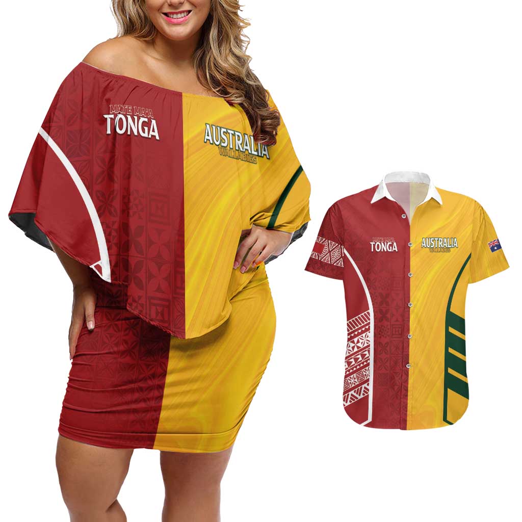 Australia - Tonga Rugby Custom Couples Matching Off Shoulder Short Dress and Hawaiian Shirt Minimalist Dynamic LT7 Colorful - Polynesian Pride