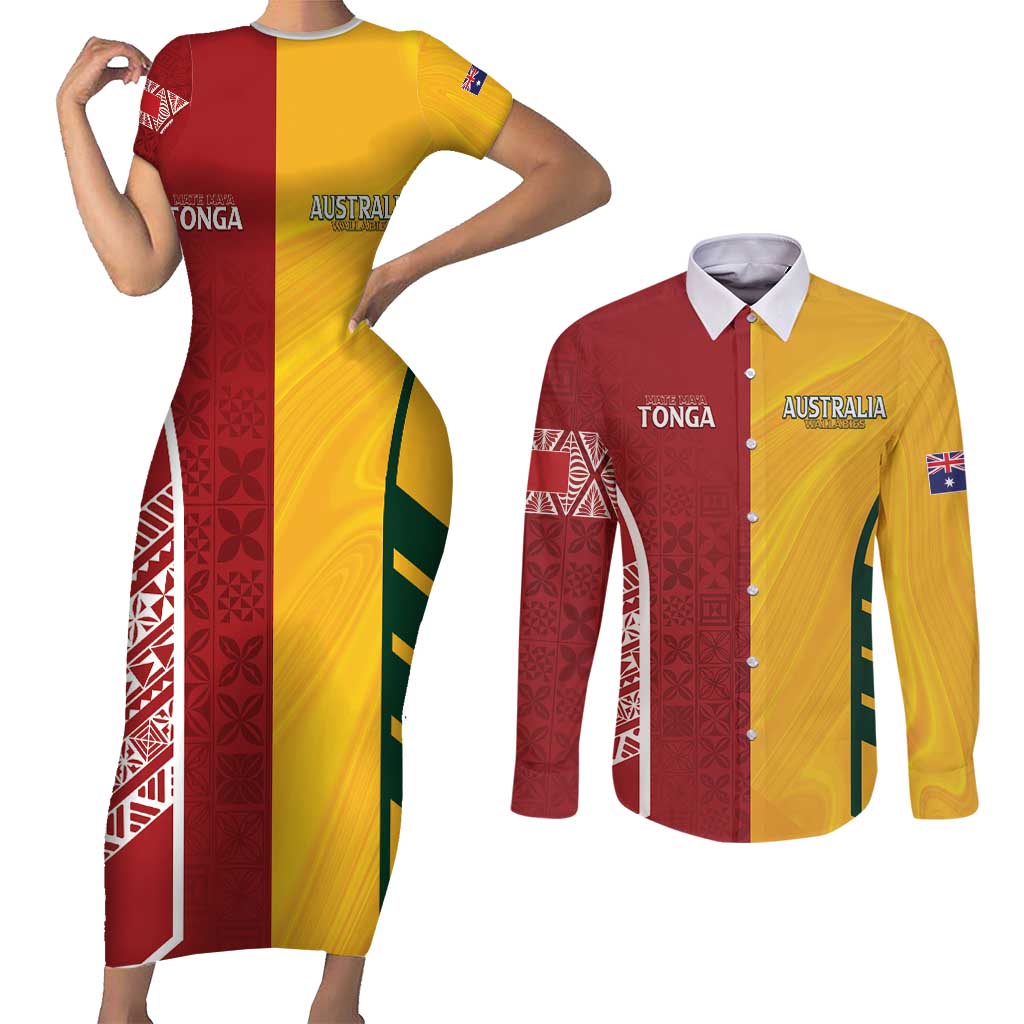 Australia - Tonga Rugby Custom Couples Matching Short Sleeve Bodycon Dress and Long Sleeve Button Shirt Minimalist Dynamic