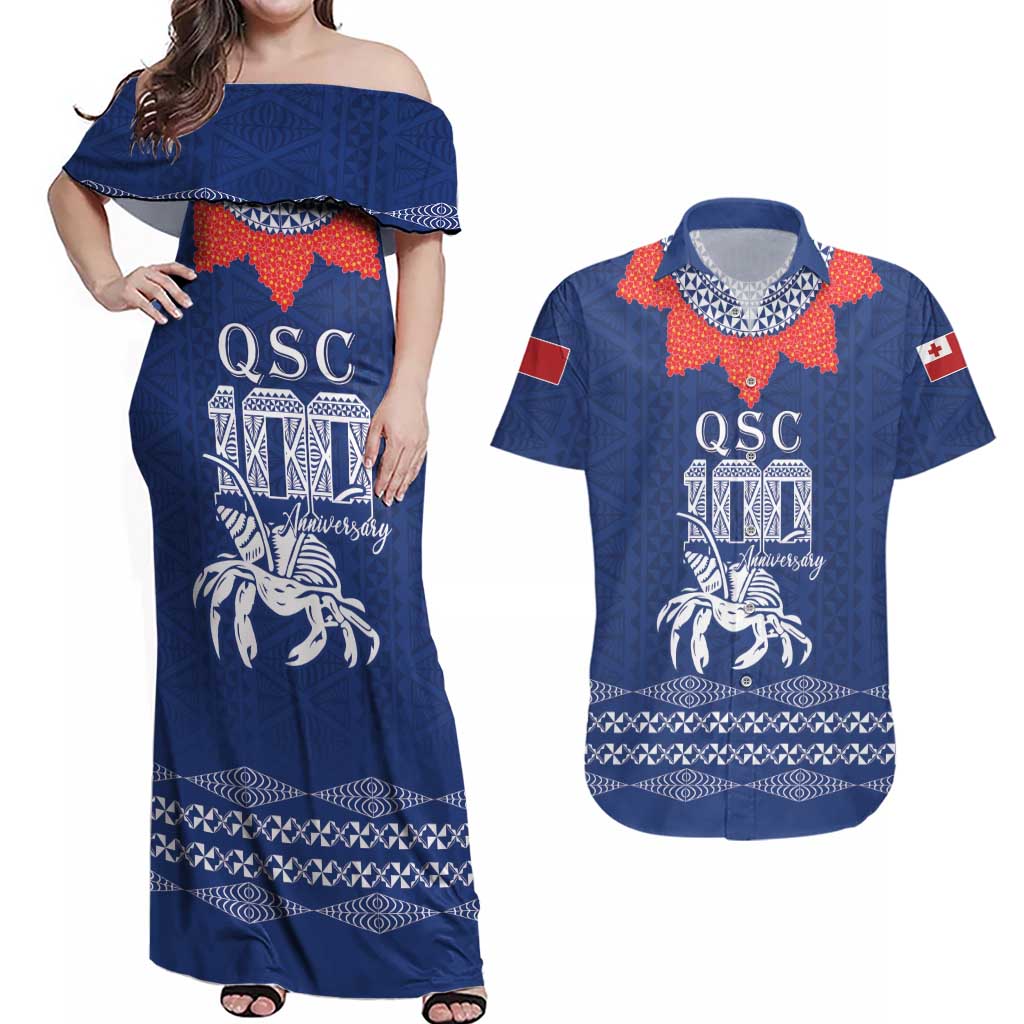 Queen Salote College 100 Years Anniversary Personalized Couples Matching Off Shoulder Maxi Dress and Hawaiian Shirt Tonga QSC Royal Blue - Polynesian Pride
