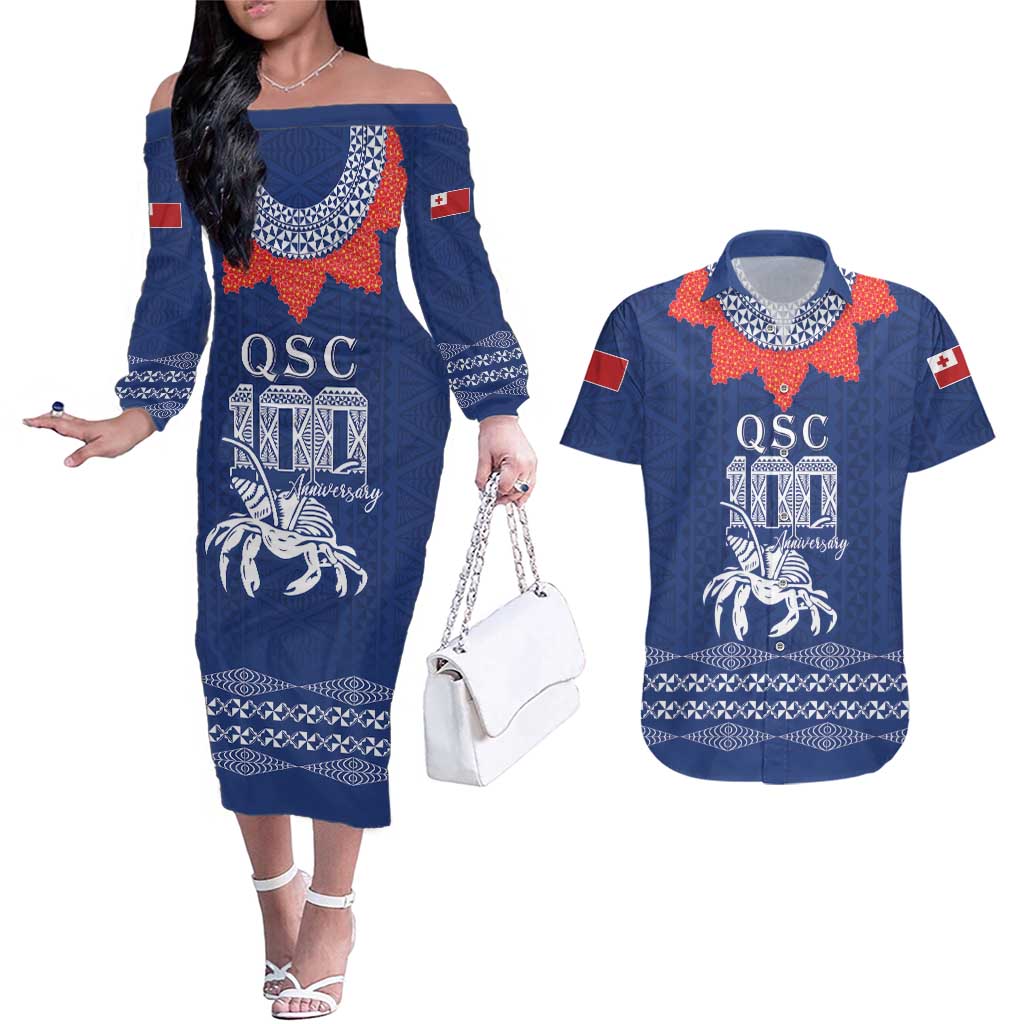 Queen Salote College 100 Years Anniversary Personalized Couples Matching Off The Shoulder Long Sleeve Dress and Hawaiian Shirt Tonga QSC Royal Blue LT7 Royal Blue - Polynesian Pride