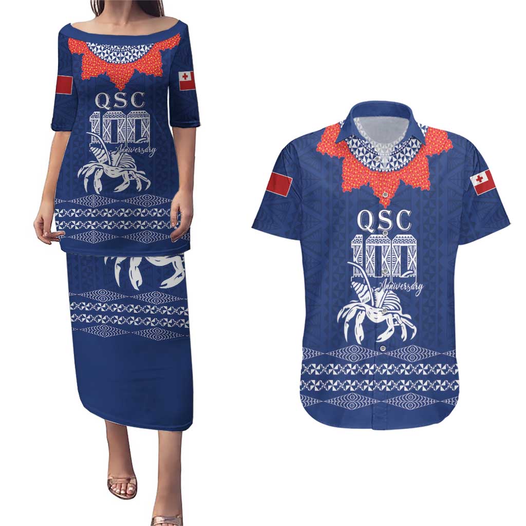 Queen Salote College 100 Years Anniversary Personalized Couples Matching Puletasi and Hawaiian Shirt Tonga QSC Royal Blue - Polynesian Pride