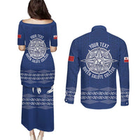 Queen Salote College 100 Years Anniversary Personalized Couples Matching Puletasi and Long Sleeve Button Shirt Tonga QSC Royal Blue - Polynesian Pride