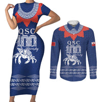 Queen Salote College 100 Years Anniversary Personalized Couples Matching Short Sleeve Bodycon Dress and Long Sleeve Button Shirt Tonga QSC Royal Blue - Polynesian Pride