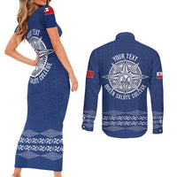 Queen Salote College 100 Years Anniversary Personalized Couples Matching Short Sleeve Bodycon Dress and Long Sleeve Button Shirt Tonga QSC Royal Blue - Polynesian Pride