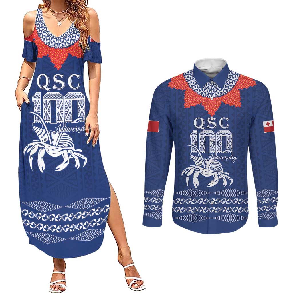 Queen Salote College 100 Years Anniversary Personalized Couples Matching Summer Maxi Dress and Long Sleeve Button Shirt Tonga QSC Royal Blue - Polynesian Pride