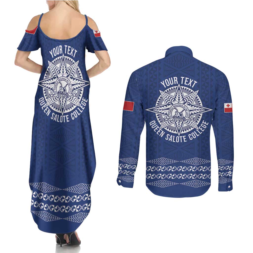 Queen Salote College 100 Years Anniversary Personalized Couples Matching Summer Maxi Dress and Long Sleeve Button Shirt Tonga QSC Royal Blue - Polynesian Pride