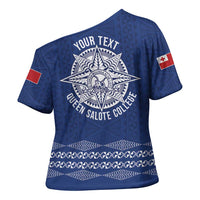 Queen Salote College 100 Years Anniversary Personalized Cross Shoulder Shirt Tonga QSC Royal Blue - Polynesian Pride