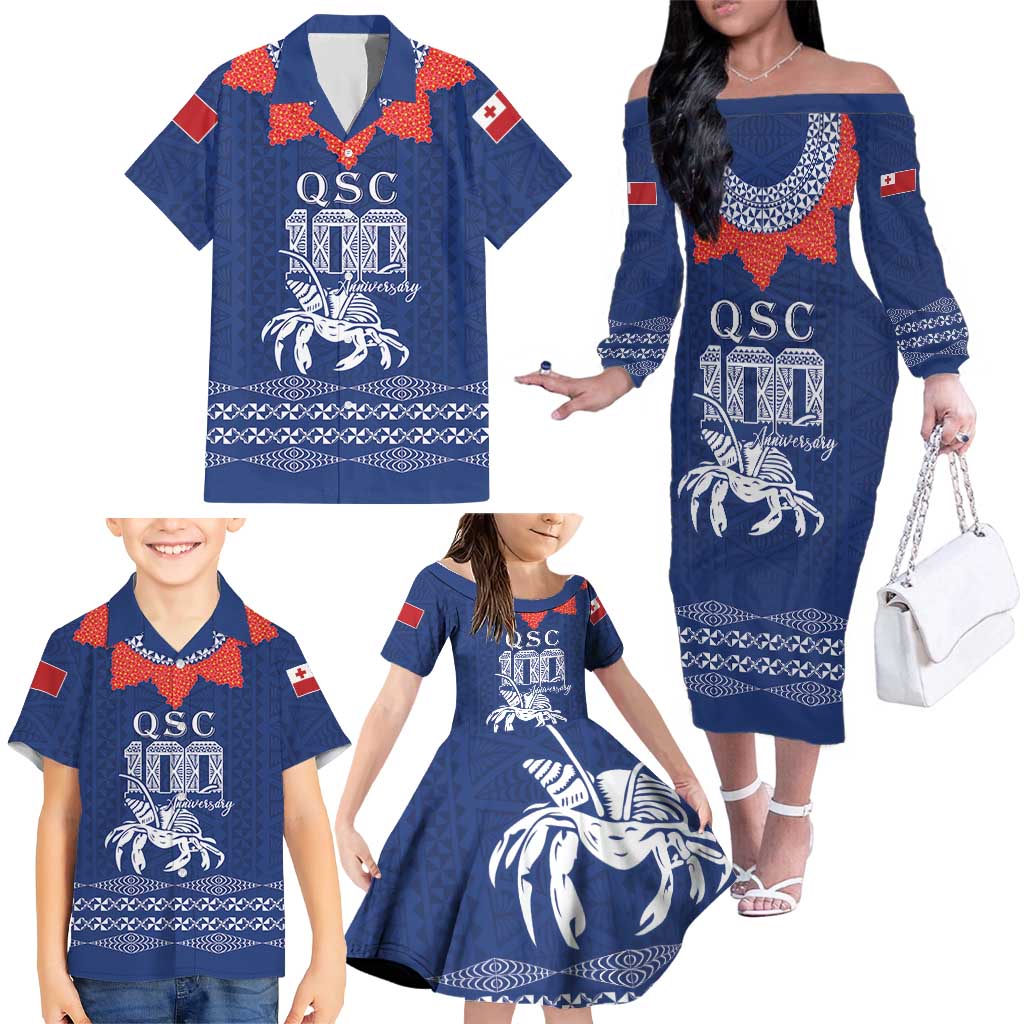 Queen Salote College 100 Years Anniversary Personalized Family Matching Off The Shoulder Long Sleeve Dress and Hawaiian Shirt Tonga QSC Royal Blue - Polynesian Pride