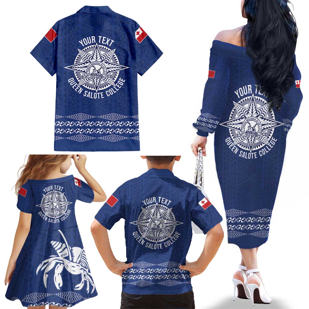 Queen Salote College 100 Years Anniversary Personalized Family Matching Off The Shoulder Long Sleeve Dress and Hawaiian Shirt Tonga QSC Royal Blue LT7 - Polynesian Pride