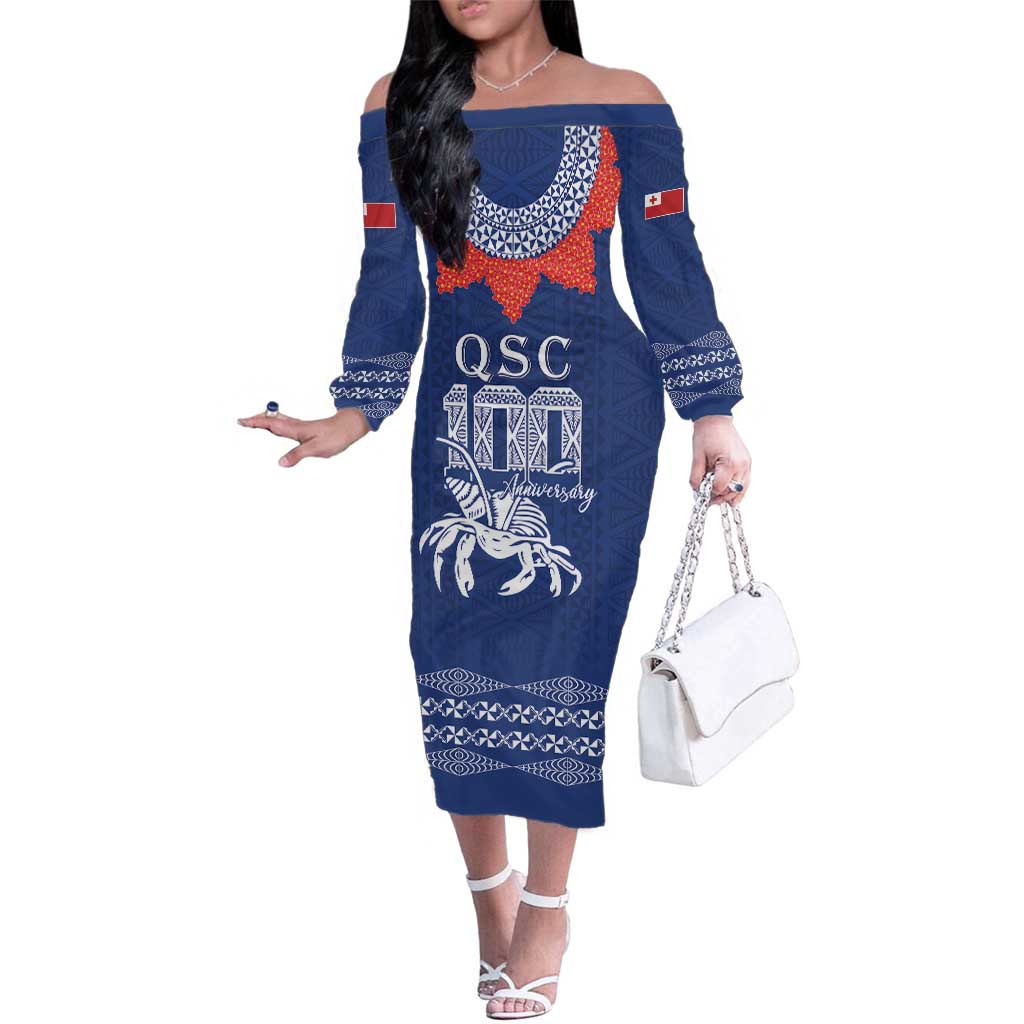 Queen Salote College 100 Years Anniversary Personalized Family Matching Off The Shoulder Long Sleeve Dress and Hawaiian Shirt Tonga QSC Royal Blue LT7 Mom's Dress Royal Blue - Polynesian Pride