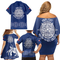 Queen Salote College 100 Years Anniversary Personalized Family Matching Off Shoulder Short Dress and Hawaiian Shirt Tonga QSC Royal Blue - Polynesian Pride