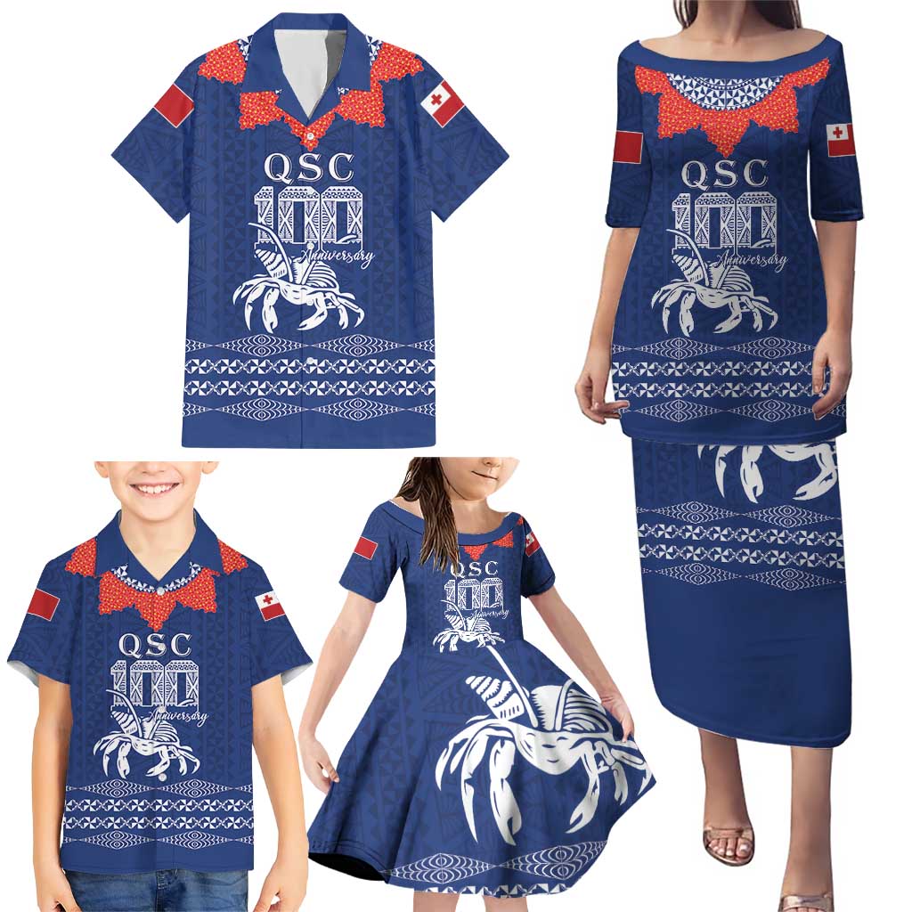Queen Salote College 100 Years Anniversary Personalized Family Matching Puletasi and Hawaiian Shirt Tonga QSC Royal Blue - Polynesian Pride