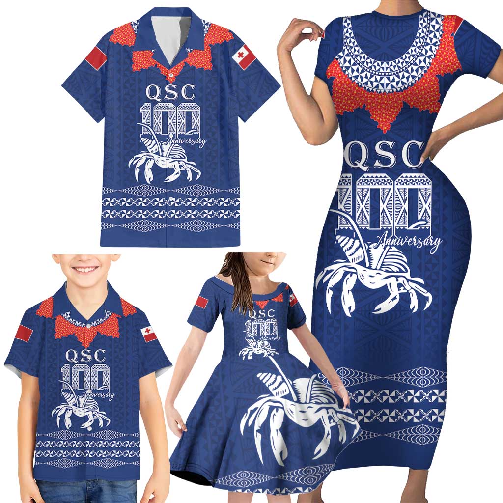 Queen Salote College 100 Years Anniversary Personalized Family Matching Short Sleeve Bodycon Dress and Hawaiian Shirt Tonga QSC Royal Blue LT7 - Polynesian Pride