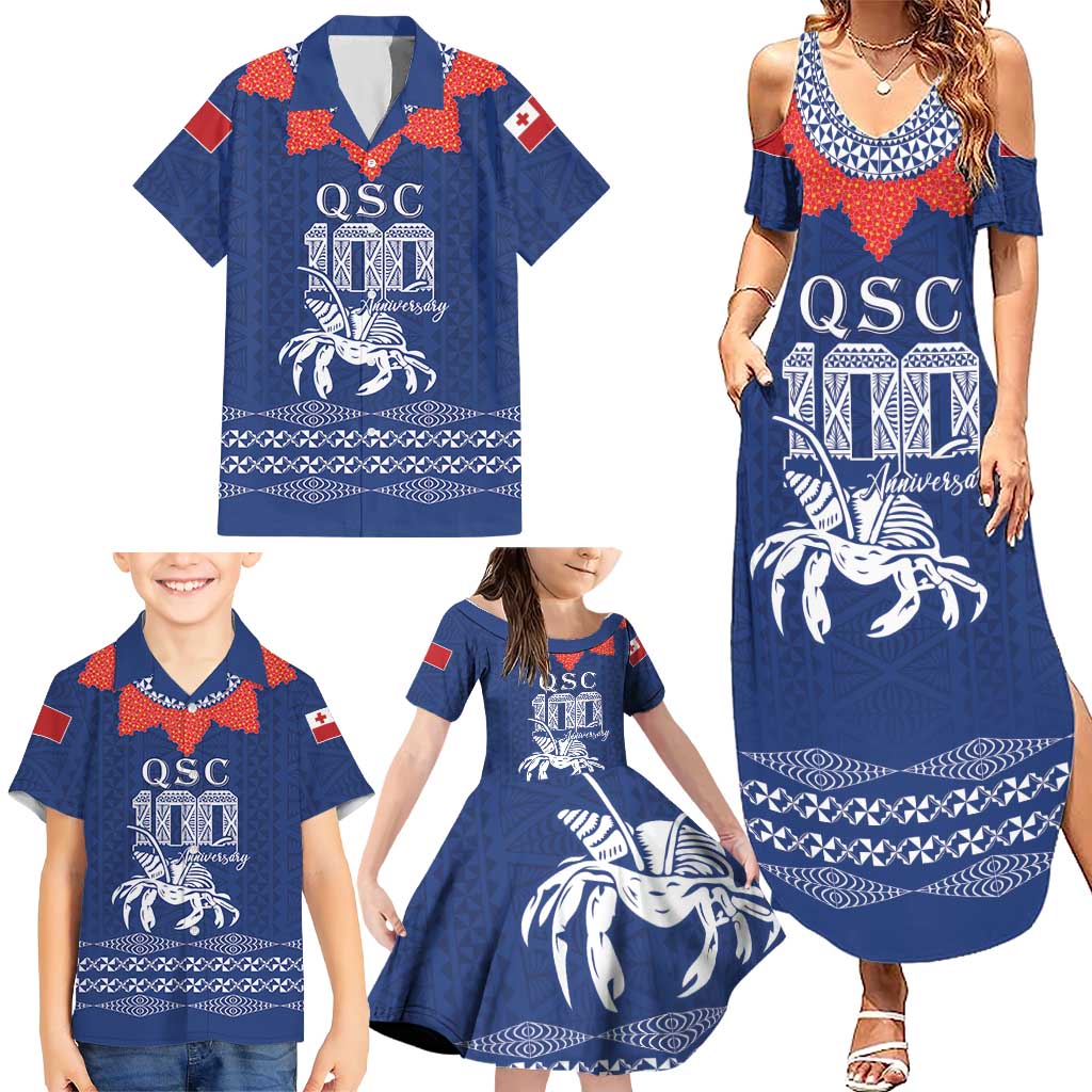 Queen Salote College 100 Years Anniversary Personalized Family Matching Summer Maxi Dress and Hawaiian Shirt Tonga QSC Royal Blue - Polynesian Pride