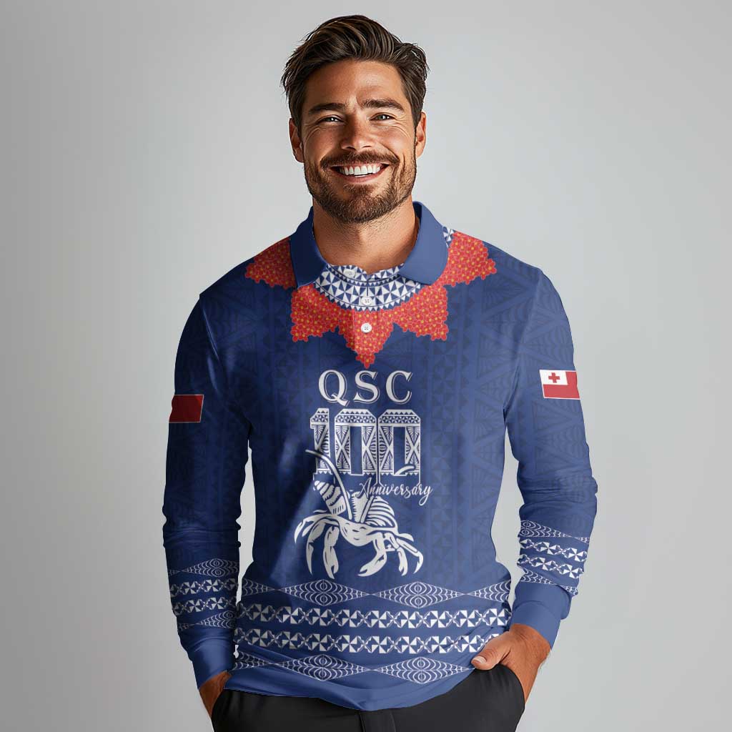 Queen Salote College 100 Years Anniversary Personalized Long Sleeve Polo Shirt Tonga QSC Royal Blue - Polynesian Pride