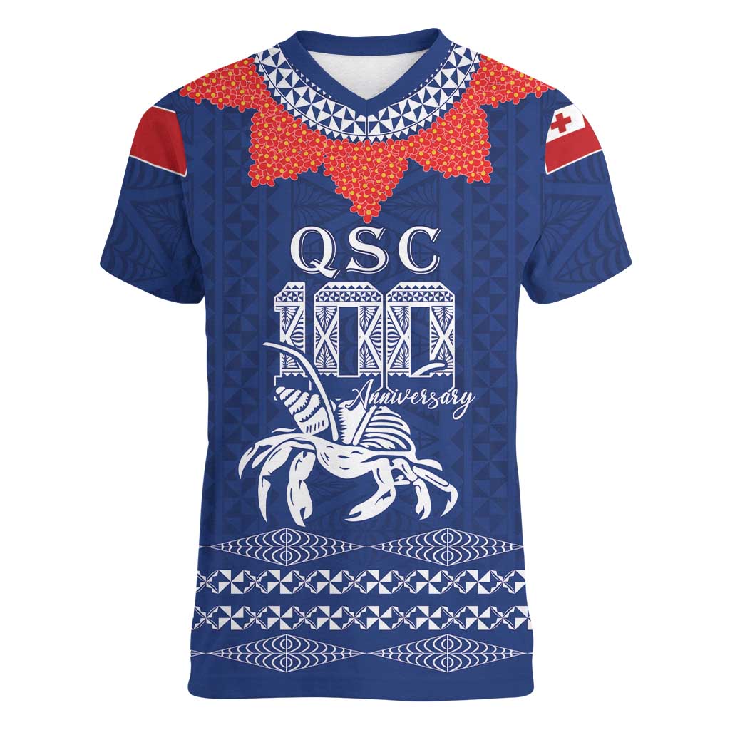 Queen Salote College 100 Years Anniversary Personalized Women V-Neck T-Shirt Tonga QSC Royal Blue - Polynesian Pride