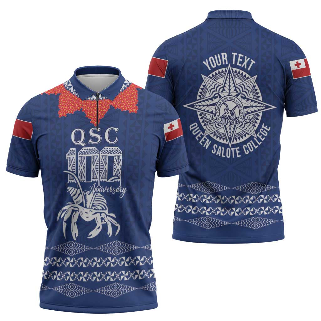Queen Salote College 100 Years Anniversary Personalized Zipper Polo Shirt Tonga QSC Royal Blue - Polynesian Pride