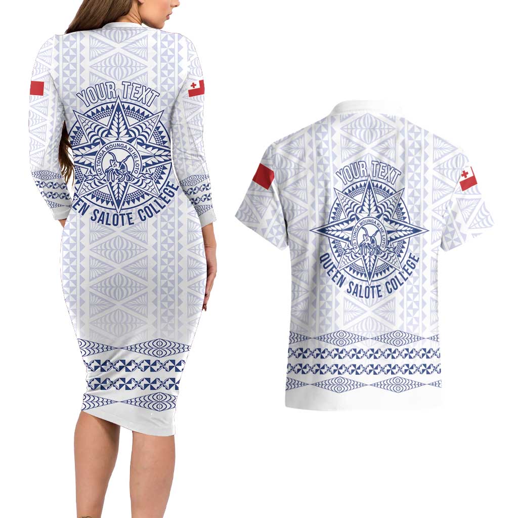 Queen Salote College 100 Years Anniversary Personalized Couples Matching Long Sleeve Bodycon Dress and Hawaiian Shirt Tonga QSC White - Polynesian Pride