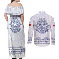 Queen Salote College 100 Years Anniversary Personalized Couples Matching Off Shoulder Maxi Dress and Long Sleeve Button Shirt Tonga QSC White - Polynesian Pride
