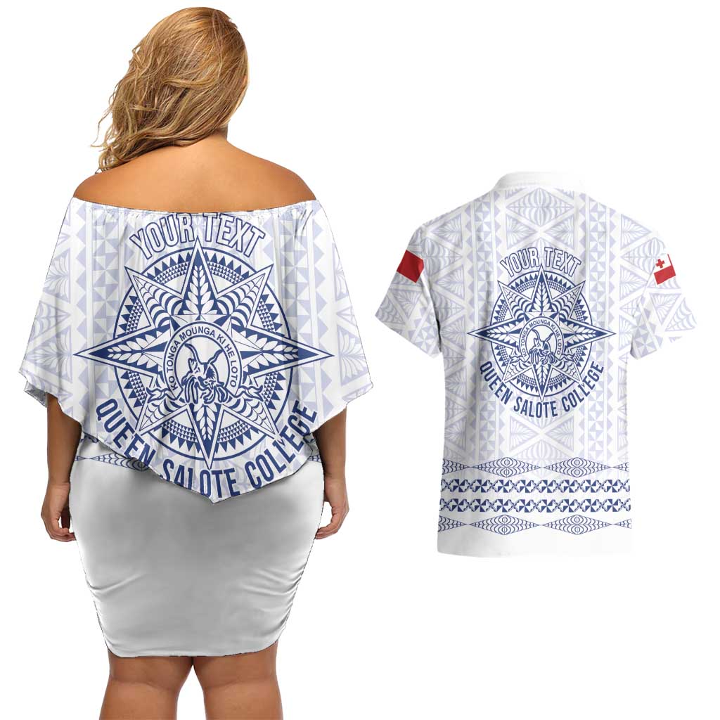 Queen Salote College 100 Years Anniversary Personalized Couples Matching Off Shoulder Short Dress and Hawaiian Shirt Tonga QSC White - Polynesian Pride
