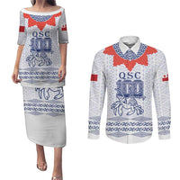 Queen Salote College 100 Years Anniversary Personalized Couples Matching Puletasi and Long Sleeve Button Shirt Tonga QSC White - Polynesian Pride