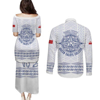 Queen Salote College 100 Years Anniversary Personalized Couples Matching Puletasi and Long Sleeve Button Shirt Tonga QSC White - Polynesian Pride