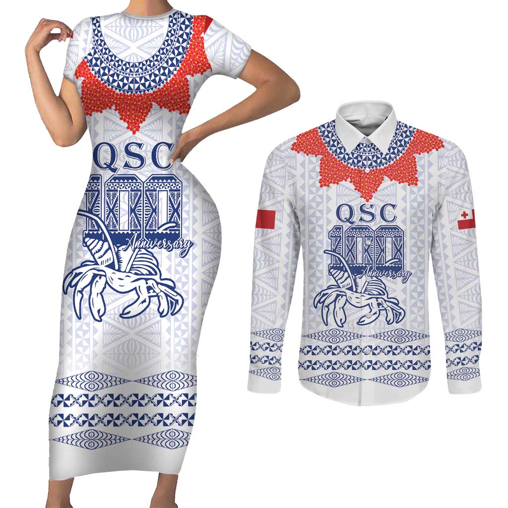 Queen Salote College 100 Years Anniversary Personalized Couples Matching Short Sleeve Bodycon Dress and Long Sleeve Button Shirt Tonga QSC White - Polynesian Pride