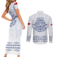Queen Salote College 100 Years Anniversary Personalized Couples Matching Short Sleeve Bodycon Dress and Long Sleeve Button Shirt Tonga QSC White - Polynesian Pride