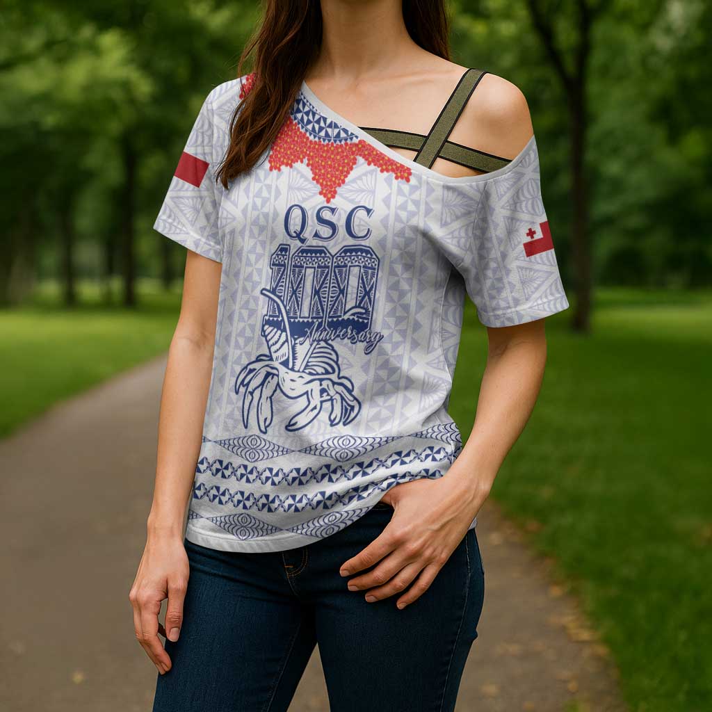 Queen Salote College 100 Years Anniversary Personalized Cross Shoulder Shirt Tonga QSC White LT7 - Polynesian Pride